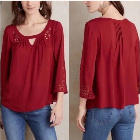 Anthropologie Maeve Womens Teni Burgundy Red Top Laser Cut Out Blouse, Size 16 - Picture 1 of 9